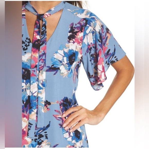 Nordstrom Charles Henry tie neck,floral shift dress. Med,Blue,EC - Picture 2 of 11